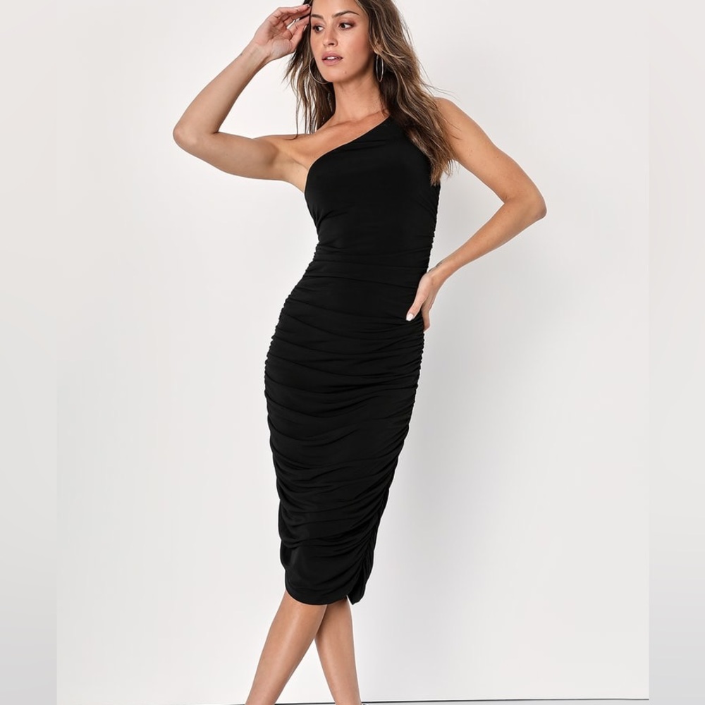 Black Ruched One Shoulder Midi Dress